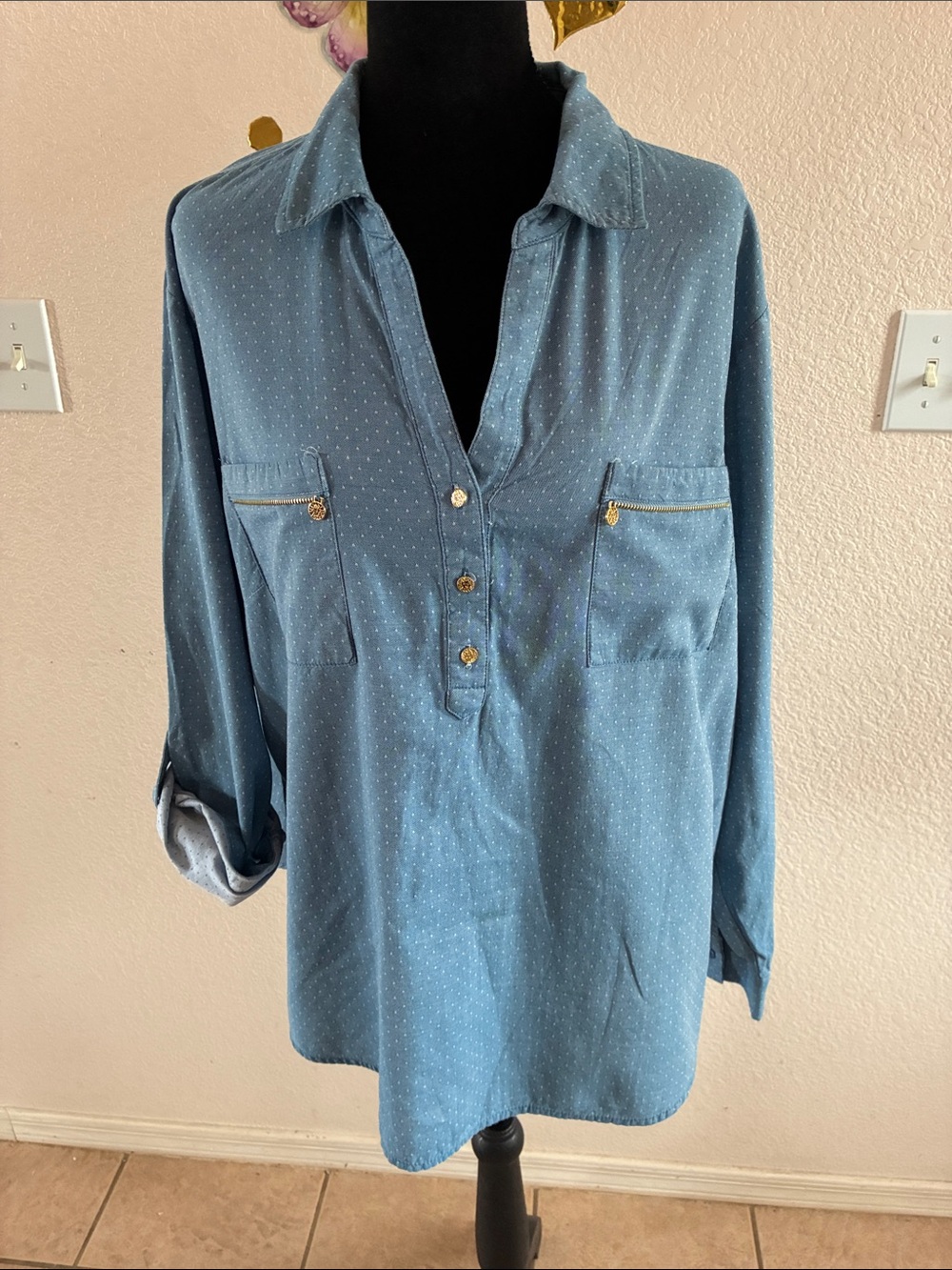Anne Klein Blue Dot-Print Pullover Button Shirt